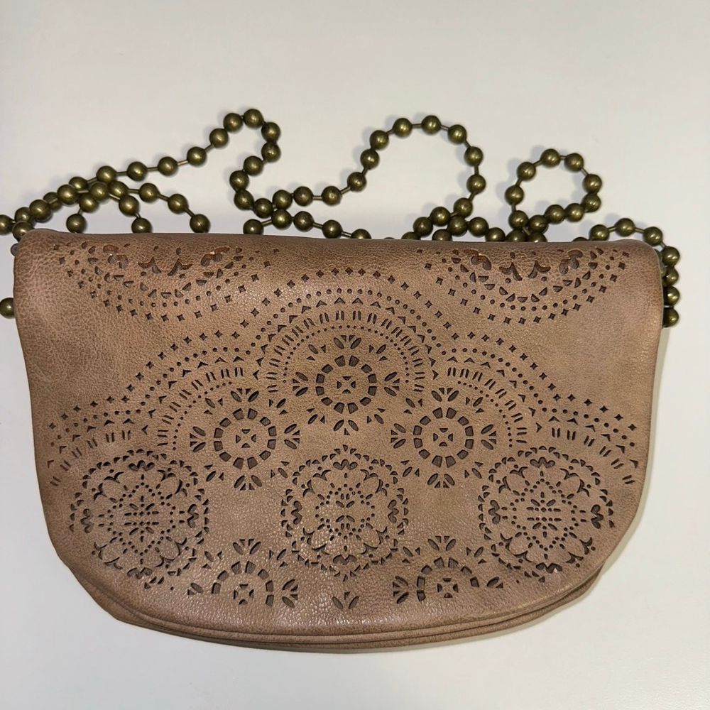 T-Shirt & Jeans Tan Laser Cut Crossbody Bag geometric ball chain strap purse